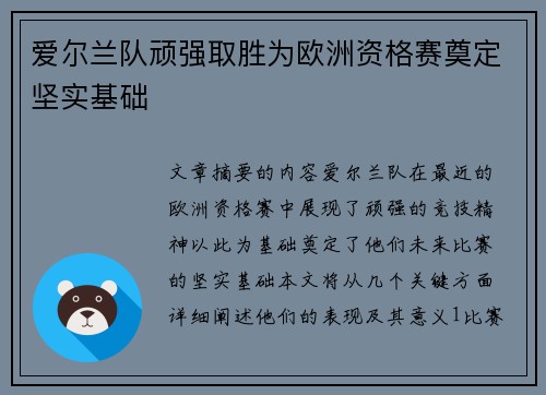 爱尔兰队顽强取胜为欧洲资格赛奠定坚实基础 爱尔兰队顽强取胜为欧洲资格赛奠定坚实基础