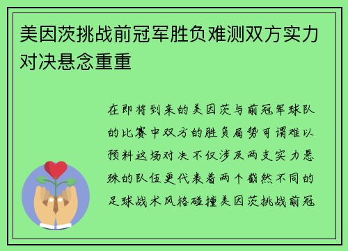 美因茨挑战前冠军胜负难测双方实力对决悬念重重